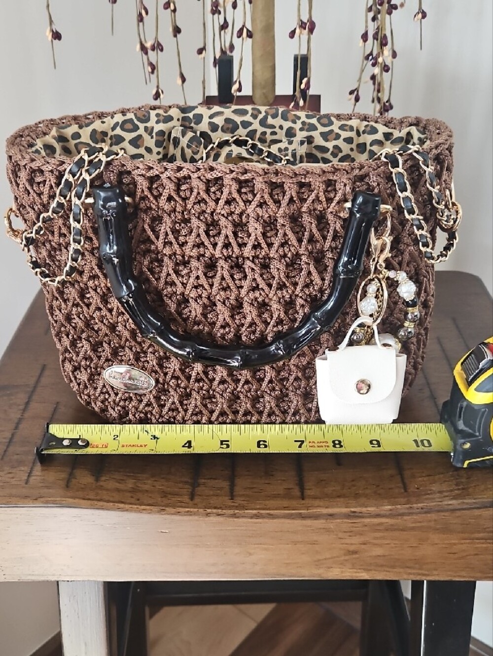 Hand Crocheted By Me Brown Shoulder Bag with Black Handles and Chain Strap - Picture 3 of 4